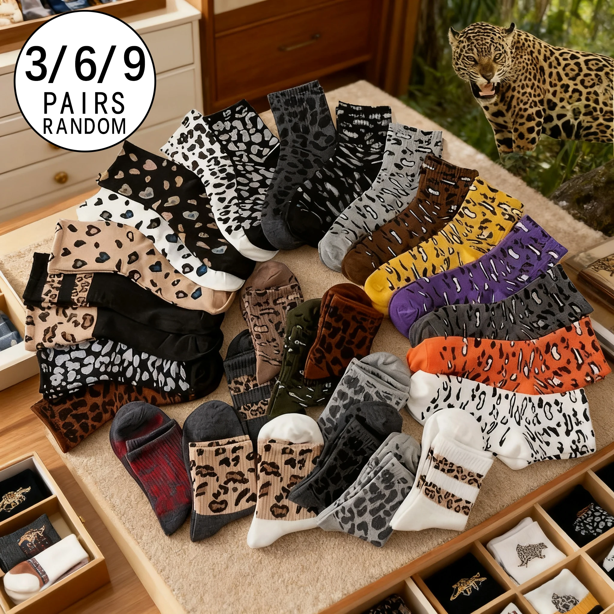 

3/6/9 Dual Four Seasons Women's Fashion Cool Leopard Pattern Printed Series Versatile Soft And Comfortable Striped Middle Socks