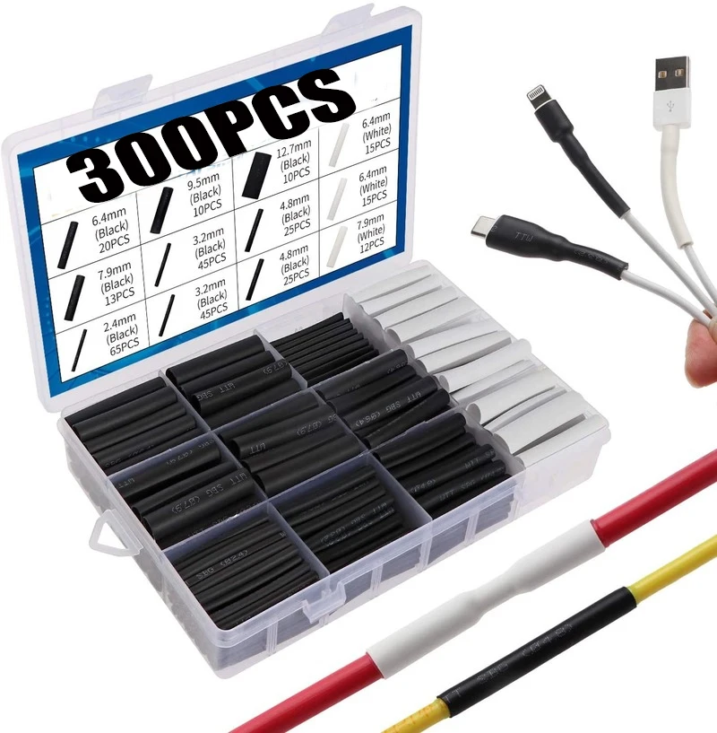 300pcs Heat Shrink Tubing Set Wiring Accessories Ferrules Electrical Cable Terminal Kit 3:1 Double-walled Self-adhesive Lined