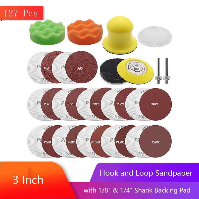 3 Inch Hook and Loop Sandpaper 127 Pcs Sanding Disc Assorted 40-2000 Grits with 1/8