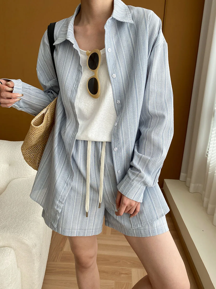 

Summer women's casual striped lapel long sleeved loose shirt+high waisted shorts set