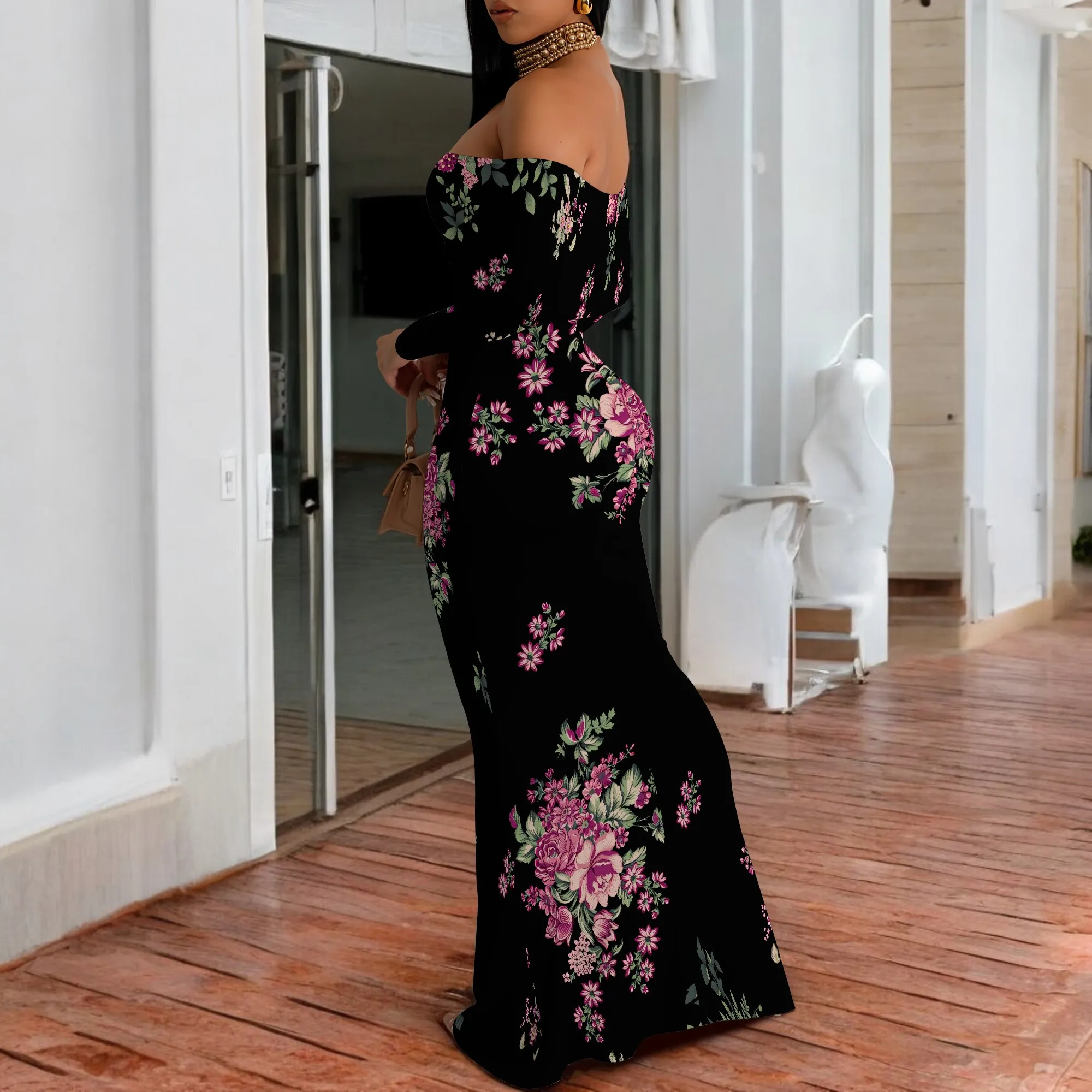 Off Shoulder Boho Floral Print Long Sleeve Bodycon Maxi Dress for Women Ethnic Style Vacation Look