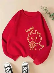 Cute Sketching Little Dragon Print Hoody Womens Autumn Fleece Warm Sweatshirt simple Fit Hooded Street Oversized Loose Pullover