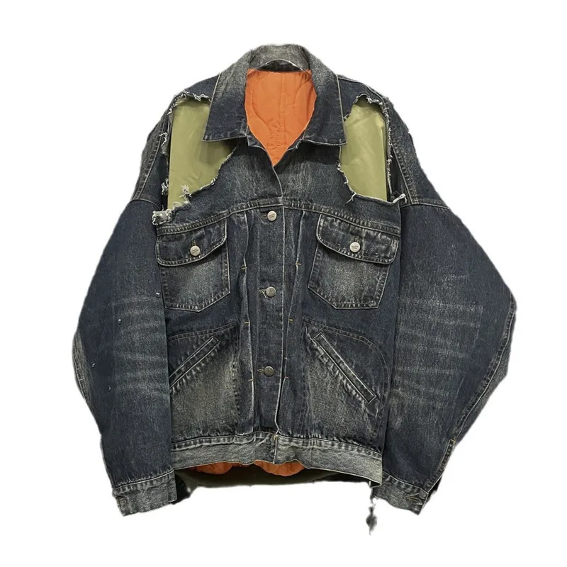 ANJY 겨울 새 여성 패딩 코트 디스트레스드 찢어진 데님 패치 워크 대비 색 가짜 투피스 streetwear 코튼 자켓 a9603