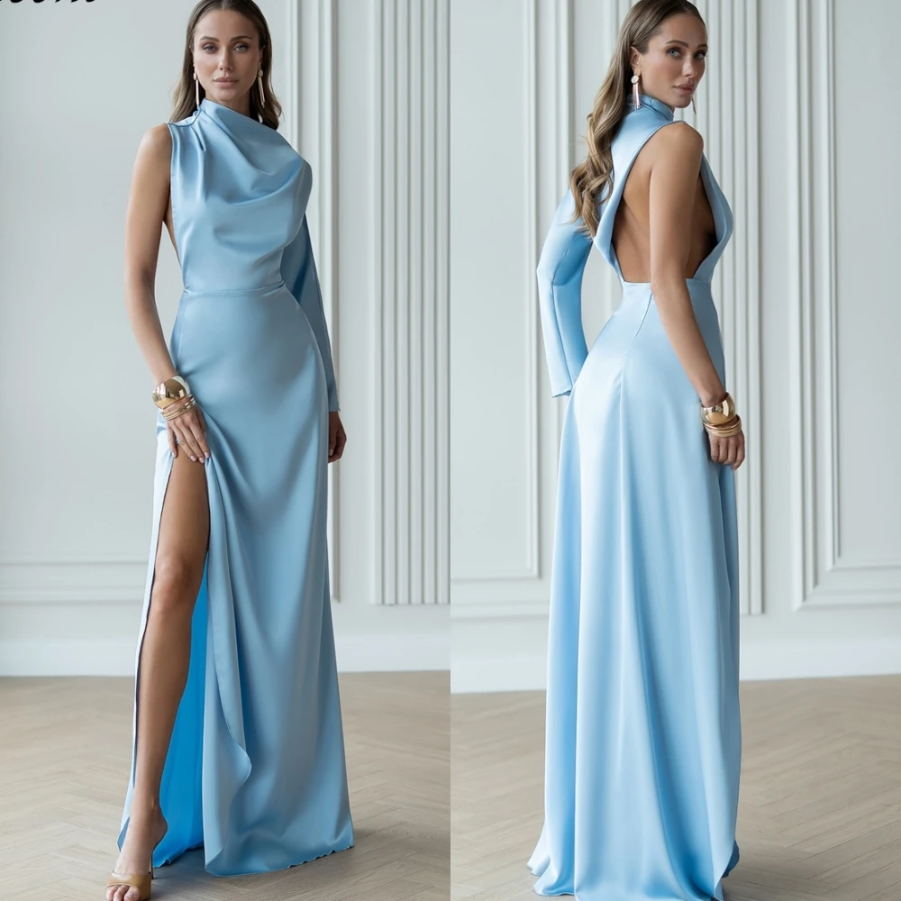 فستان سهرة رسمي بكتف واحد مخصص وأكمام طويلة على شكل حرف a بطول الكاحل فستان رائع للحفلات الراقصة من الساتان فستان الحفلات الفاخر