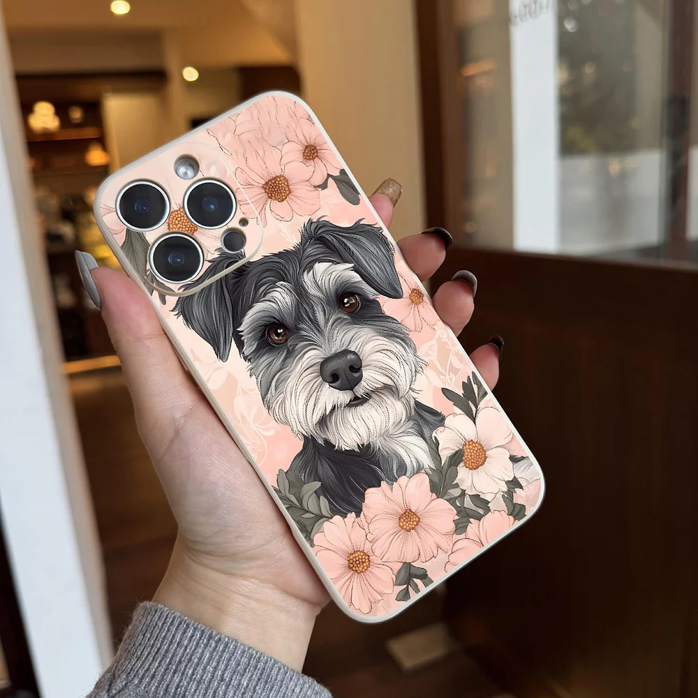 Funda de teléfono de moda estética con perro Schnauzer Floral bonito para iPhone 17 a 11 Pro Max Plus regalo de cumpleaños Schnauzer para mujer