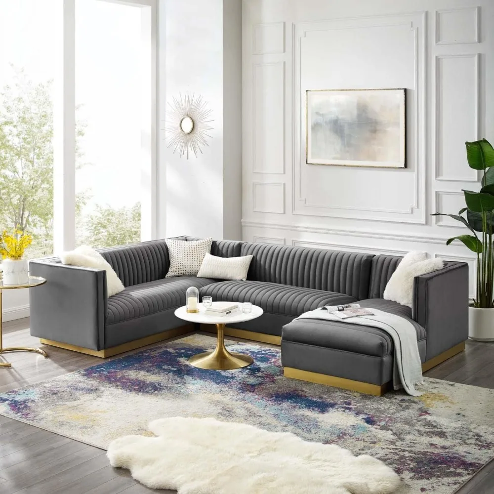 Luxury retro style living room set, 7-seater gray sofa set, high-performance velvet interior, sofa living room set