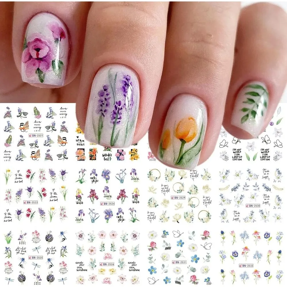 Summer Floral Nail Art Stickers & Decals, Small Flower Designs for Women & Girls (12 Sheets)