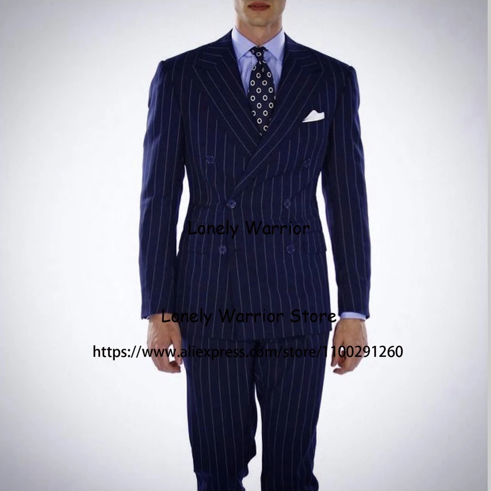 

Fashion Navy Blue Stripe Suits Men Double Breasted Business Blazer Tuxedo Prom Tuxedo Slim Fit 2 Piece Set Daily Terno Masculino