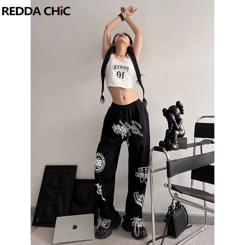 ReddaChic Parachute Drawstring Sweatpants Women Casual Graphic Print Elastic Waist Loose Casual Pants Hiphop Trousers Streetwear