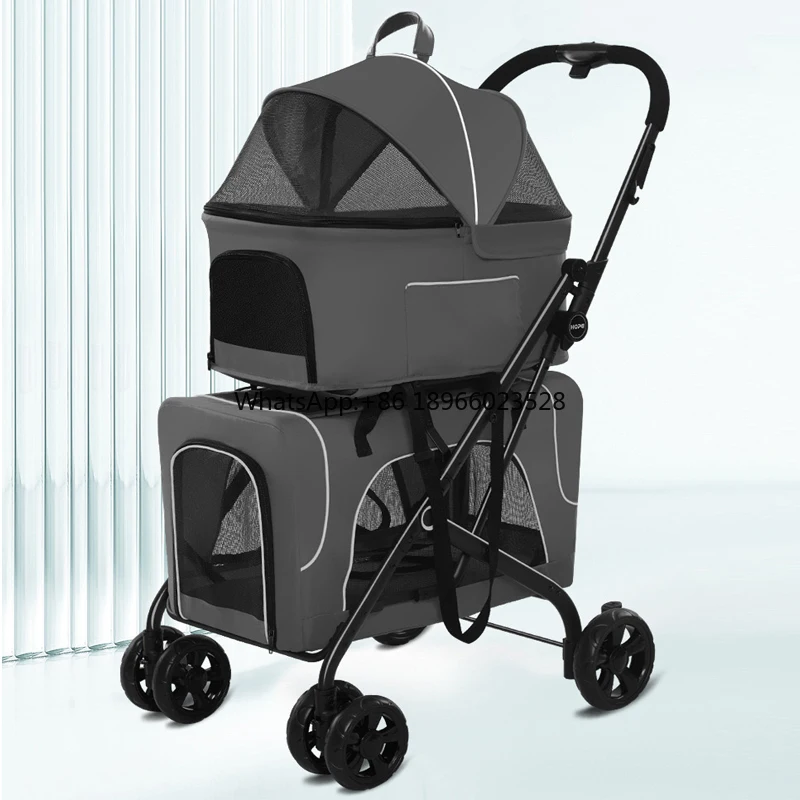 

Foldable two dog stroller detachable pet stroller 4 wheels dog trolley carrier travel cart for 2 dogs and cats