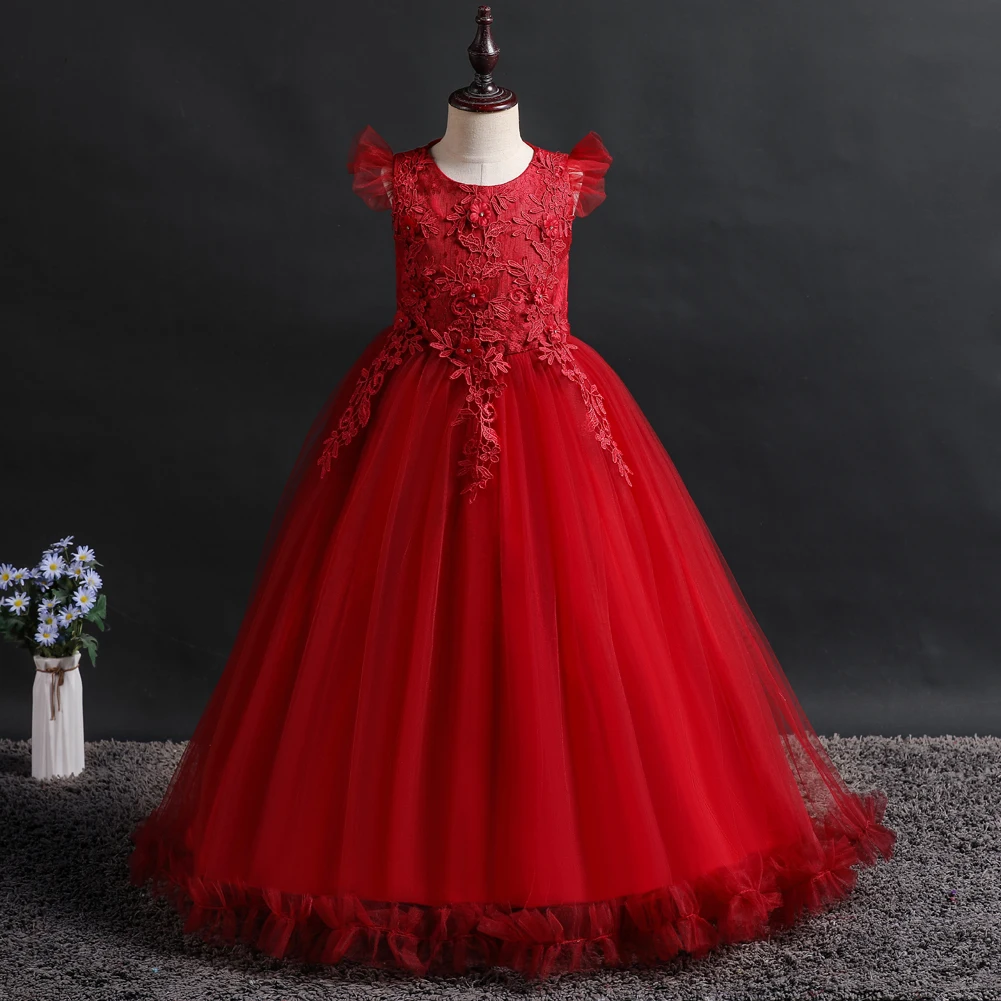 Red New Girl Flower Elegant Long Dress FOR 4 to 14 years Children\'s Ball Embroidered Princess Dress