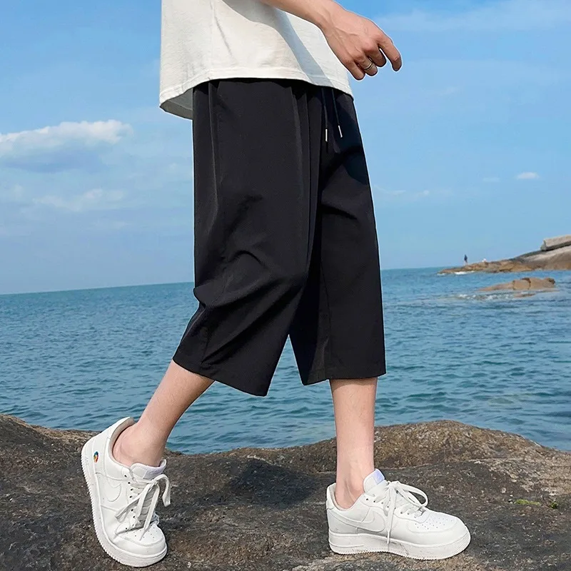 

Men's Drawstring Ice Silk Cropped Pants Thin Loose 7/8 Length Casual Sports Capri Trousers