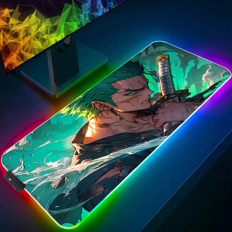 RGB Mouse Pad one Piece Zoro Game Rubber Backlight Pc Keyboard Laptop Computer Speed LED Desk Mat Gaming Acessories Mousepad