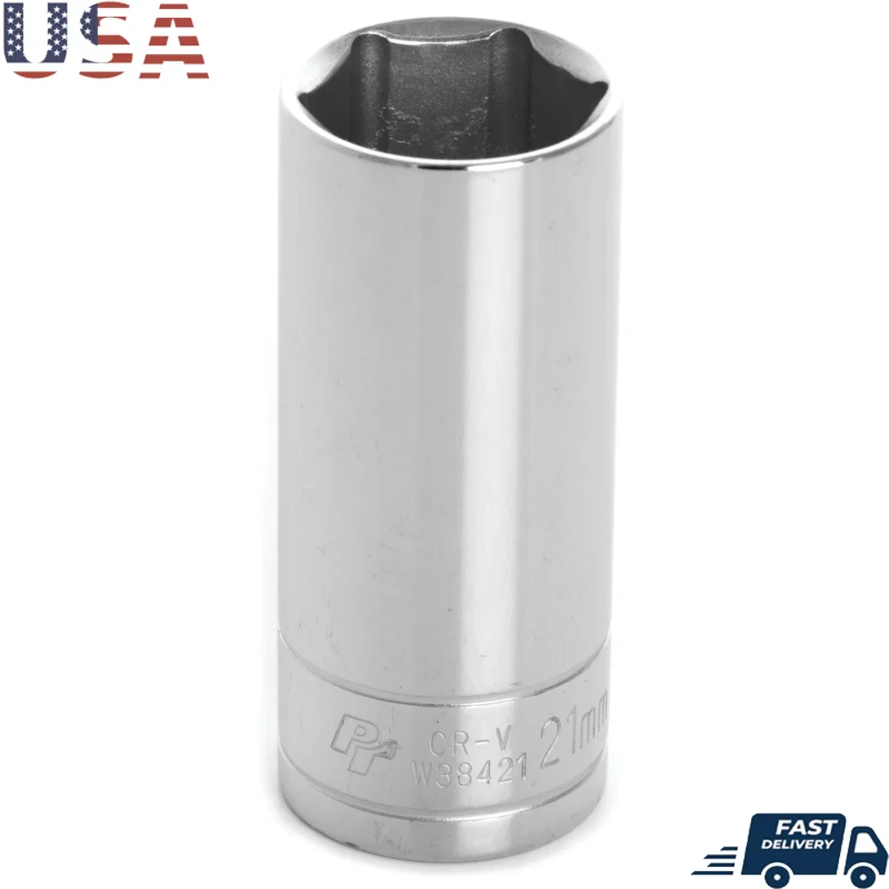 

21MM Deep Socket Chrome Vanadium Steel Polished Finish Corrosion Resistant Recessed Edges Fastener Rounding Reduction Quick