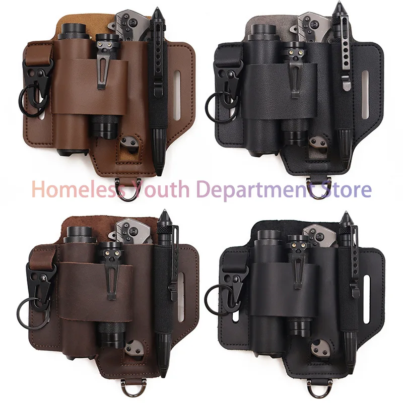 EDC Tool Leather Case, Wilderness Survival Storage Fanny Pack Outdoor Flashlight Cover Knife Cover