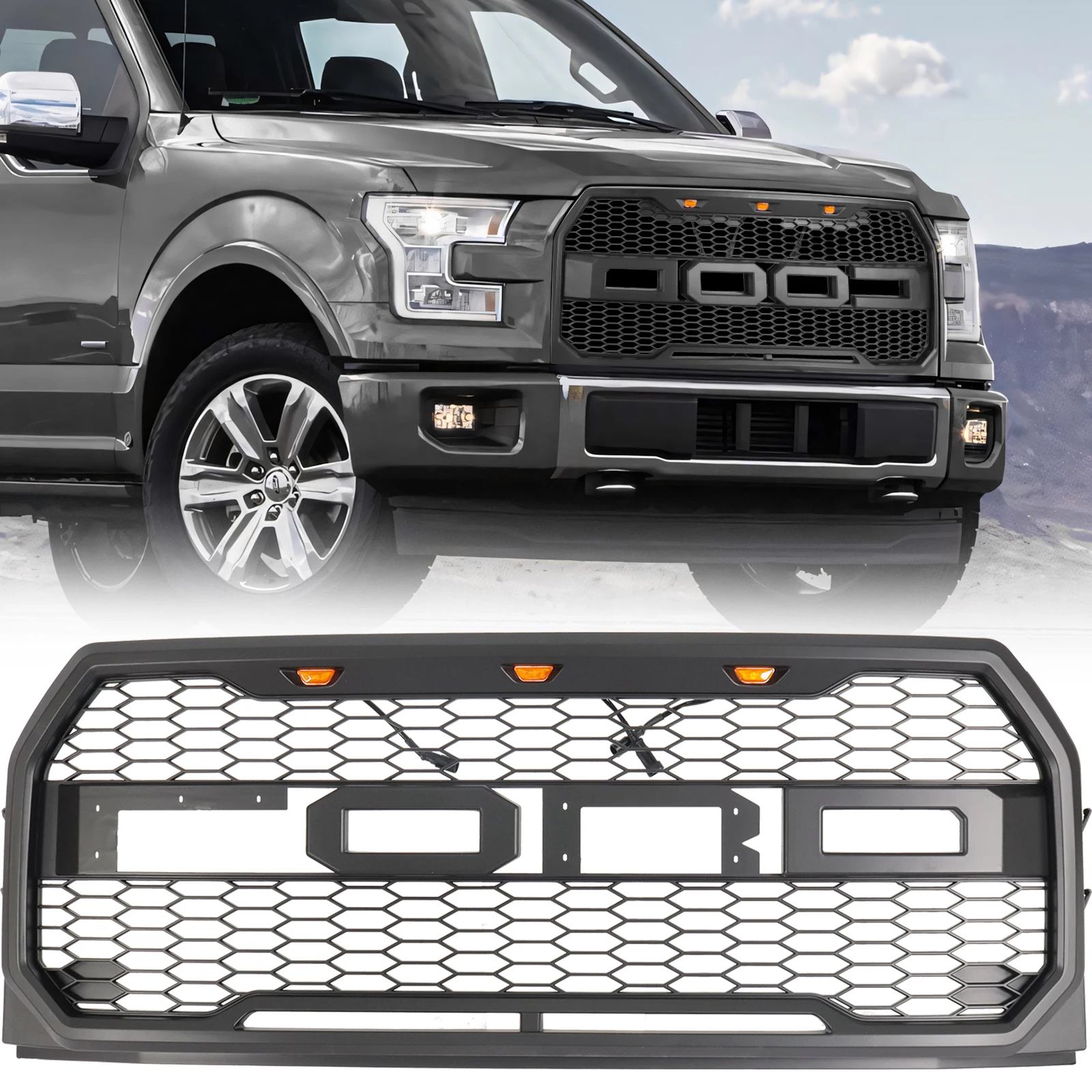 

for Ford F150 F-150 2015 2016 2017 Front Bumper Grill Hood Grille Matte Black Raptor Style