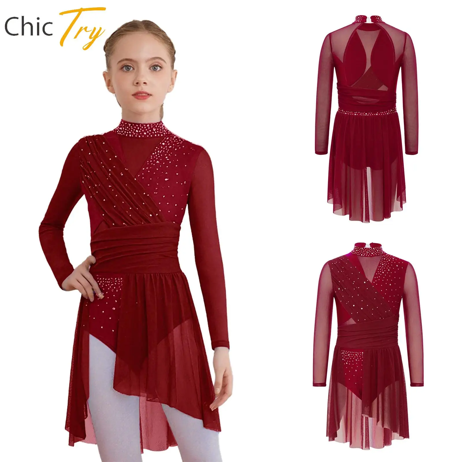 

Teen Lyrical Modern Dance Dress Girls Stage Performance Costume Side Split Sheer Mesh Glittery Rhinestones Dress for Dance Party