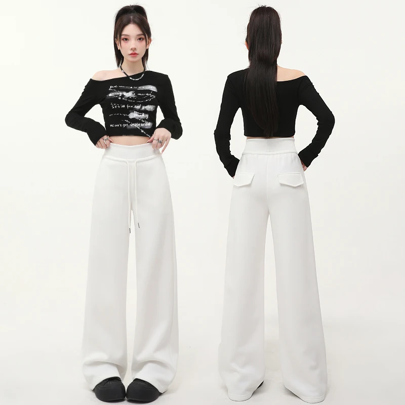 

American retro high-waisted drawstring straight-leg sweatpants for women, autumn casual loose-fitting floor-length joggers