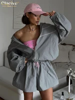 Clacive Fashion Loose Gray 2 Piece Sets Women Outfit 2024 Elegant Long Sleeve Shirt With High Waist Shorts Set Female Streetwear - Image 2