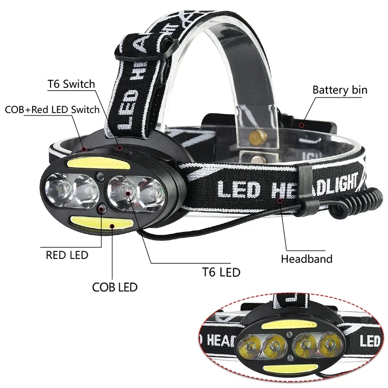 Pocketman-linterna frontal potente USB, 4 LED, 2 COB, 2 LED rojas, con cargador de baterías