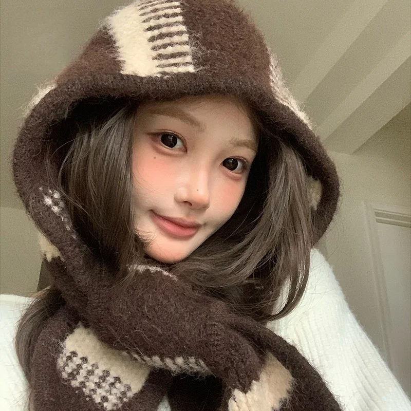 Autumn Winter Striped Balaclava Hat Warm Wool Blend Hat and Scarf in One Versatile Pull-Over Beanie