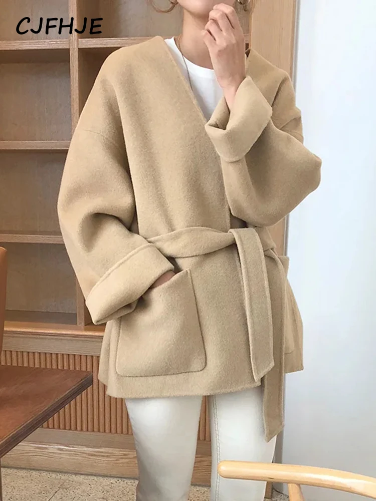 CJFHJE V Neck Khaki Coats Jackets Women New Fashion Autumn Casual Long Sleeve Wool Coat Chic Vintage Loose Lace Up Pockets Coat