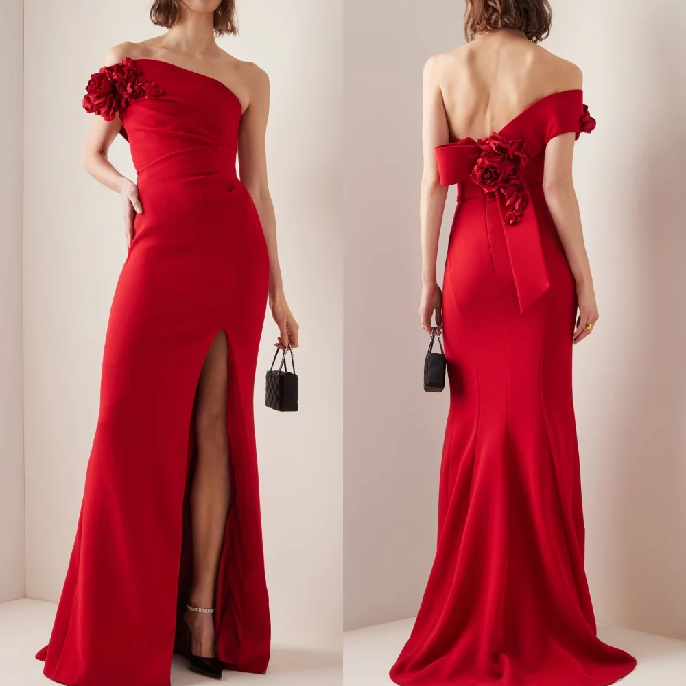 

Customized Chinese Style Elegant Jersey Ruched Handmade Flower Mermaid One-shoulder Long Dresses Bespoke Occasion Dresses Formal