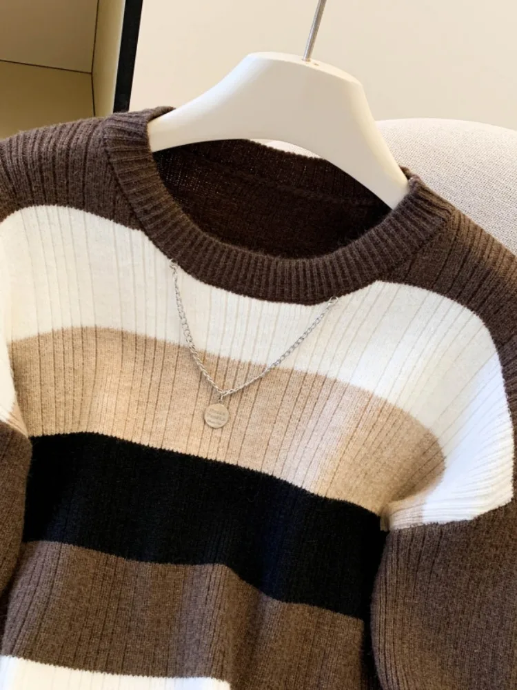 Damen Camere Gestreifte Strickwaren rund Ne Loose Fit Herbst Winter Pullover Weiche Mokka Farbe Pendeln Sle Long Sve Top