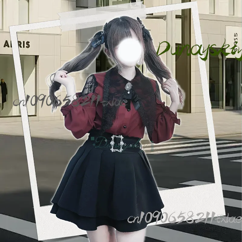 

2025 Autumn Women High Waist Lace Design Dark Red Shirt And Half Skirt Harajuku Fashion Outfits Full Set New Cute Suit For Women