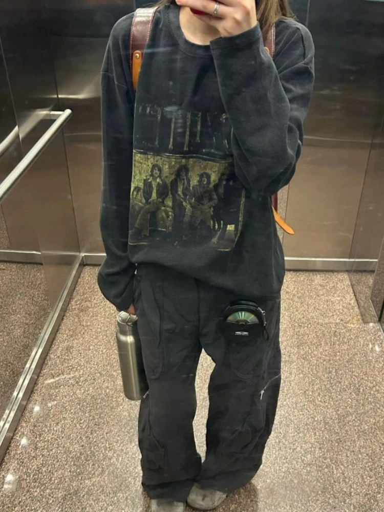 

HOUZHOU Gothic Distressed Graphic T-shirt Women Vintage Harajuku Y2k Black T-shirt American Retro Grunge Loose Long Sleeve Tees