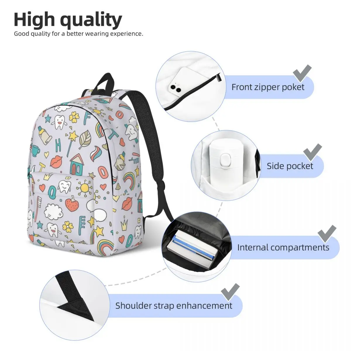 Bonito patrón de Odontología con dientes, mochila para estudiantes de escuela universitaria, mochila de lona para adolescentes, viaje