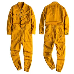 Homens soltos manga comprida algodão calças cargo, macacão primavera macacão, preto, amarelo Workwear, calças, uniforme de trabalho macacão