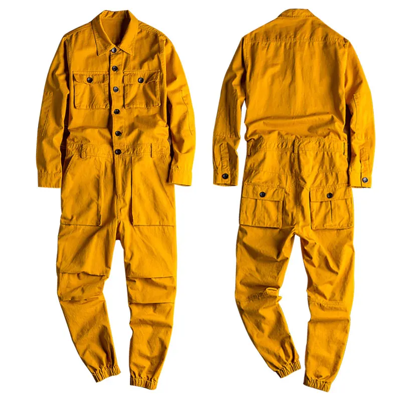 Spring Overalls Men's Jumpsuit Loose Long Sleeve Cotton Cargo Pants Black Yellow Workwear Trousers Working Uniform Rompers