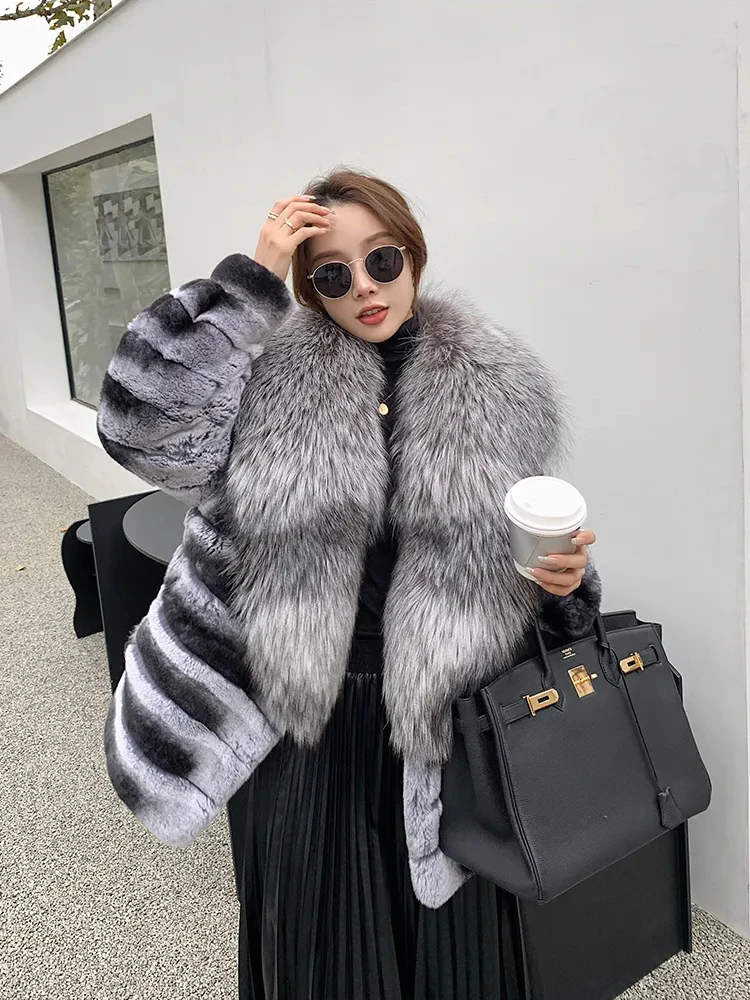 

Hot Sales Winter Women New Real Rex Rabbit Fur Coat 100% Natural Fur Jacket with Large Silver Fox Fur Collar Luxury Streetwear