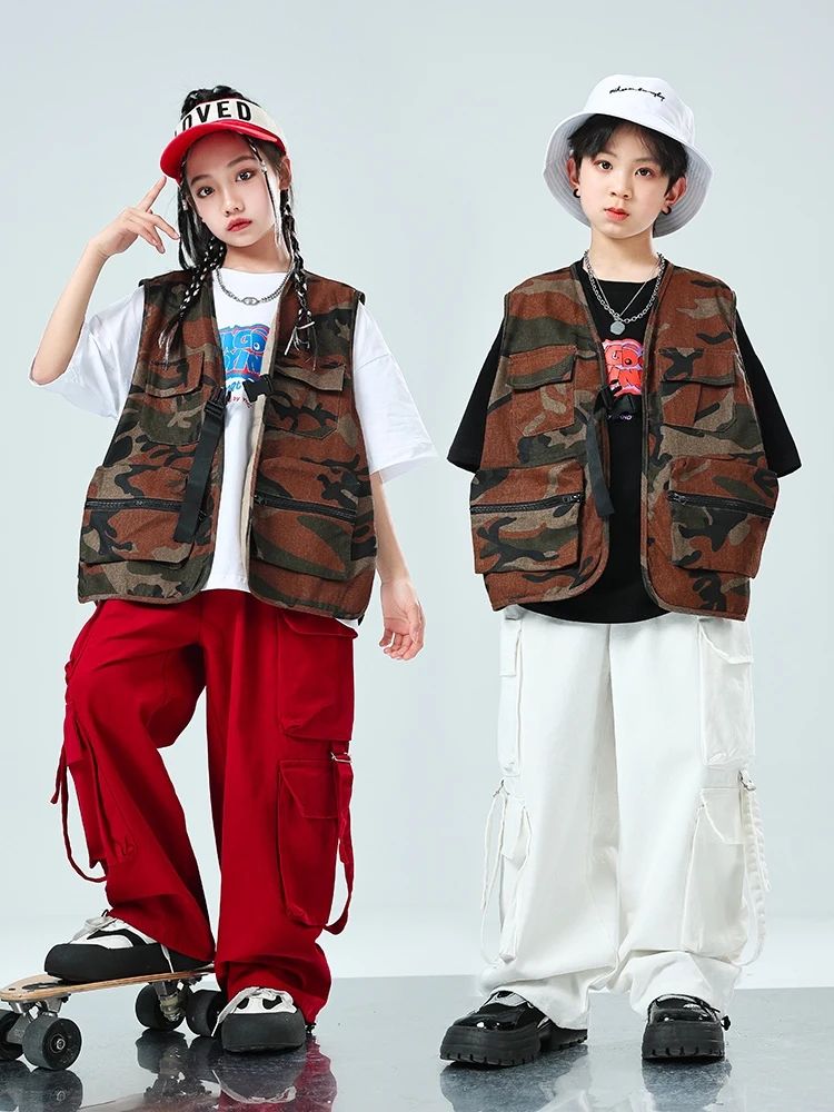 

Kids Camouflage Vest Loose Cargo Pants Hip Hop Dance Costume Boys Street Dancewear Girls Jazz Performance Clothing Rave BL12724