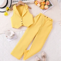 Children Clothing Stylish Children Sleeveless Solid Color Open Coat and Long Pants Set Girls Summer Casual Children Sets 8-12Y