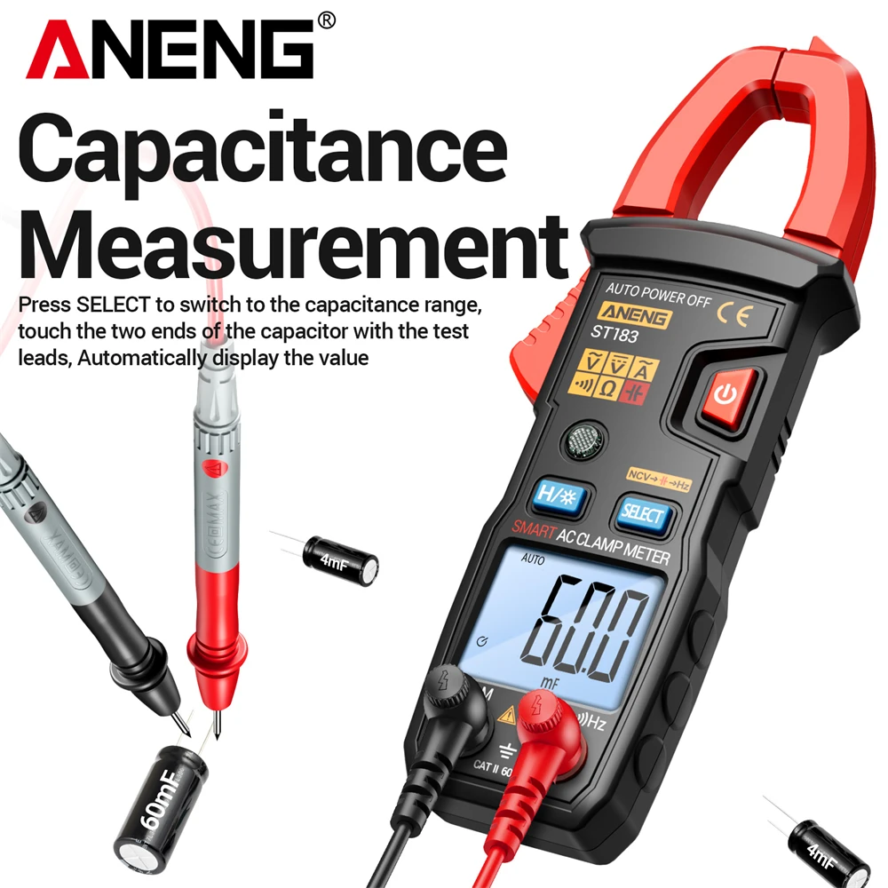

Цифровой токоизмерительный мультиметр ANENG ST183 с функцией измерения напряжения постоянного и переменного тока, сопротивления, частоты (Гц), профессиональный инструмент для электриков и ремонта.