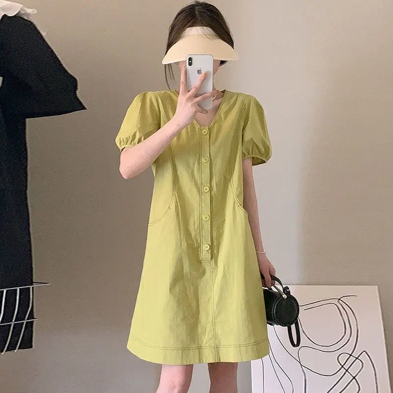 

Fashion V-Neck Button Pockets Puff Sleeve Casual Dress Female Clothing 2024 Summer Loose Sweet Solid Color Short Sleeve Dress