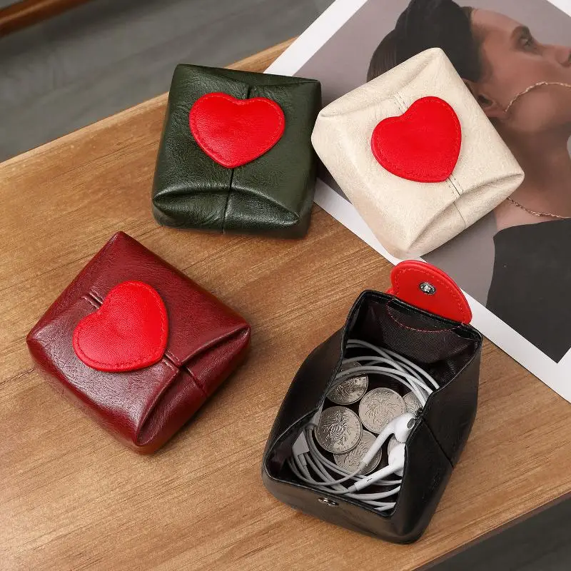 Einfarbige Geldbörse aus Rindsleder mit Herz-Motiv, Multifunktionale Kleine Kopfhörer-Tasche, Autoschlüssel-Aufbewahrung, Koreanischer Stil Schmuckbeutel für Reisen – Detail 10