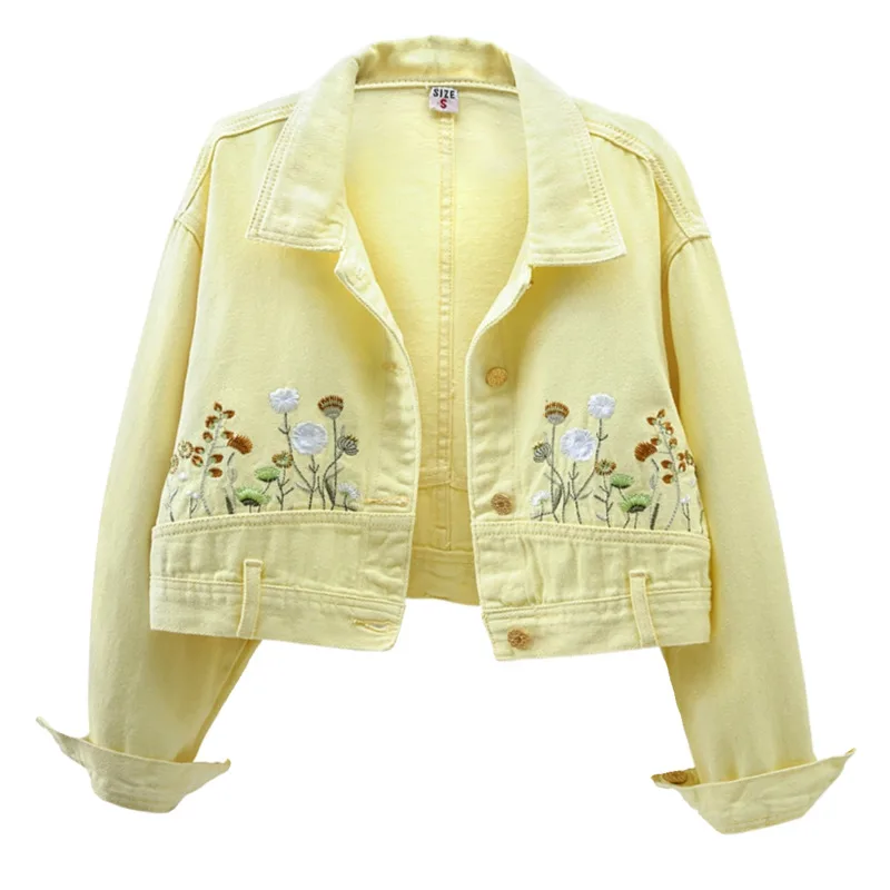 Chic Floral Embroidery Crop Denim Coats Women Lapel Long Sleeve Single Breasted Jeans Jacket Vintage Streetwear Female Outerwear