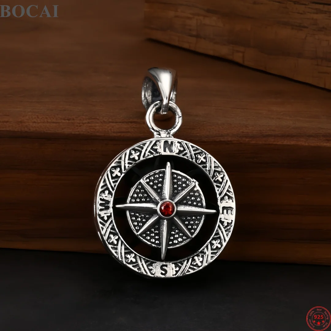 BOCAI New S925 Sterling Silver Charms Pendants for Men Women Antique Eight-pointed Star Compass Charm Fine Choice Jewelry