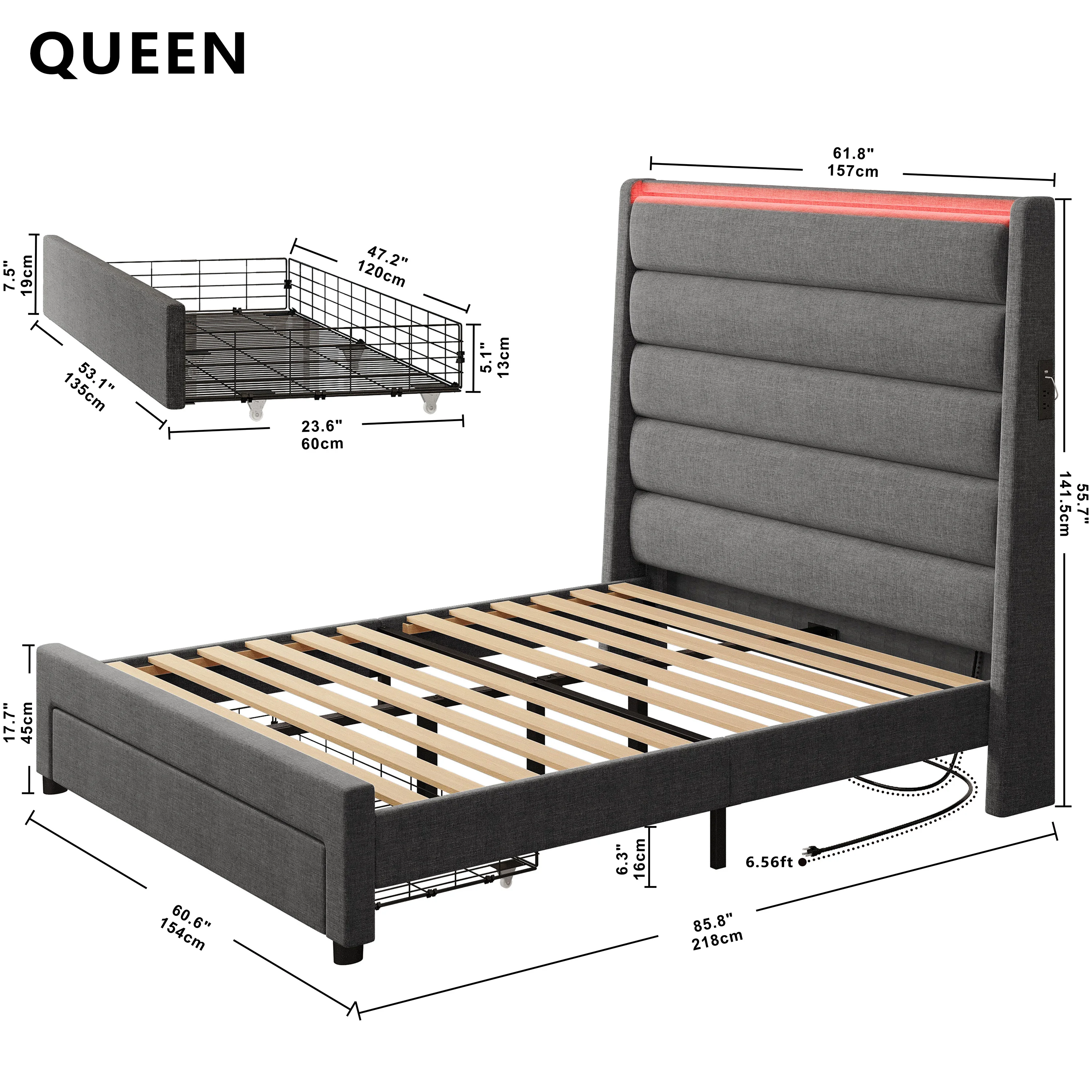 IRONCK King Size Bed Frame with Bookcase Headboard & Drawer & Charging Station,Sturdy Metal Platform Bed