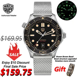 Watchdives WD007 reloj automático NH35 movimiento 007 NTTD reloj de pulsera con cúpula cristal de zafiro pulsera sólida C3 relojes luminosos