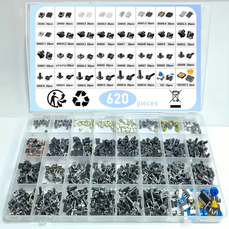 620PCS/BOX 32Values Tactile Push Button Switch SMD Micro Momentary Tact Switch Assortment Kit