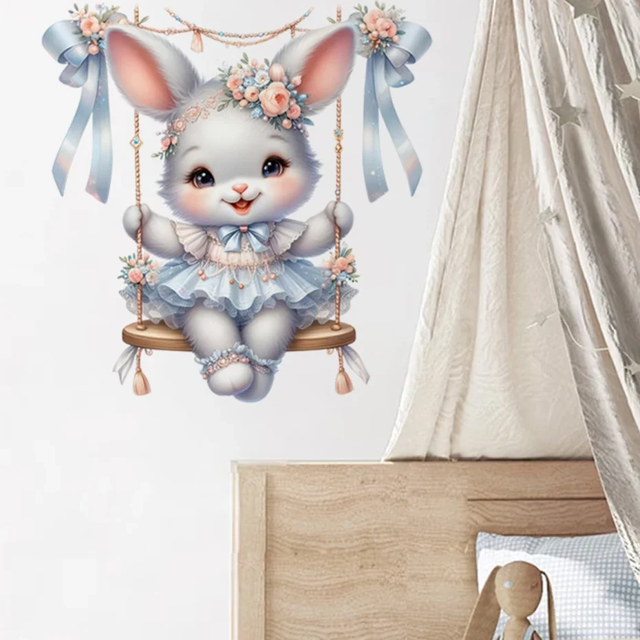 Cartoon Cute Rabbit Swinging Wall Stickers Wall Art Decal Decoration Baby Nursery kids Room Removable Decorative Stickers