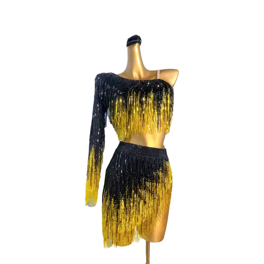 Latin Dance Professional Dress High-end Customized Black and Yellow Dual Color Female Adult Standard Stage Professional Clothing