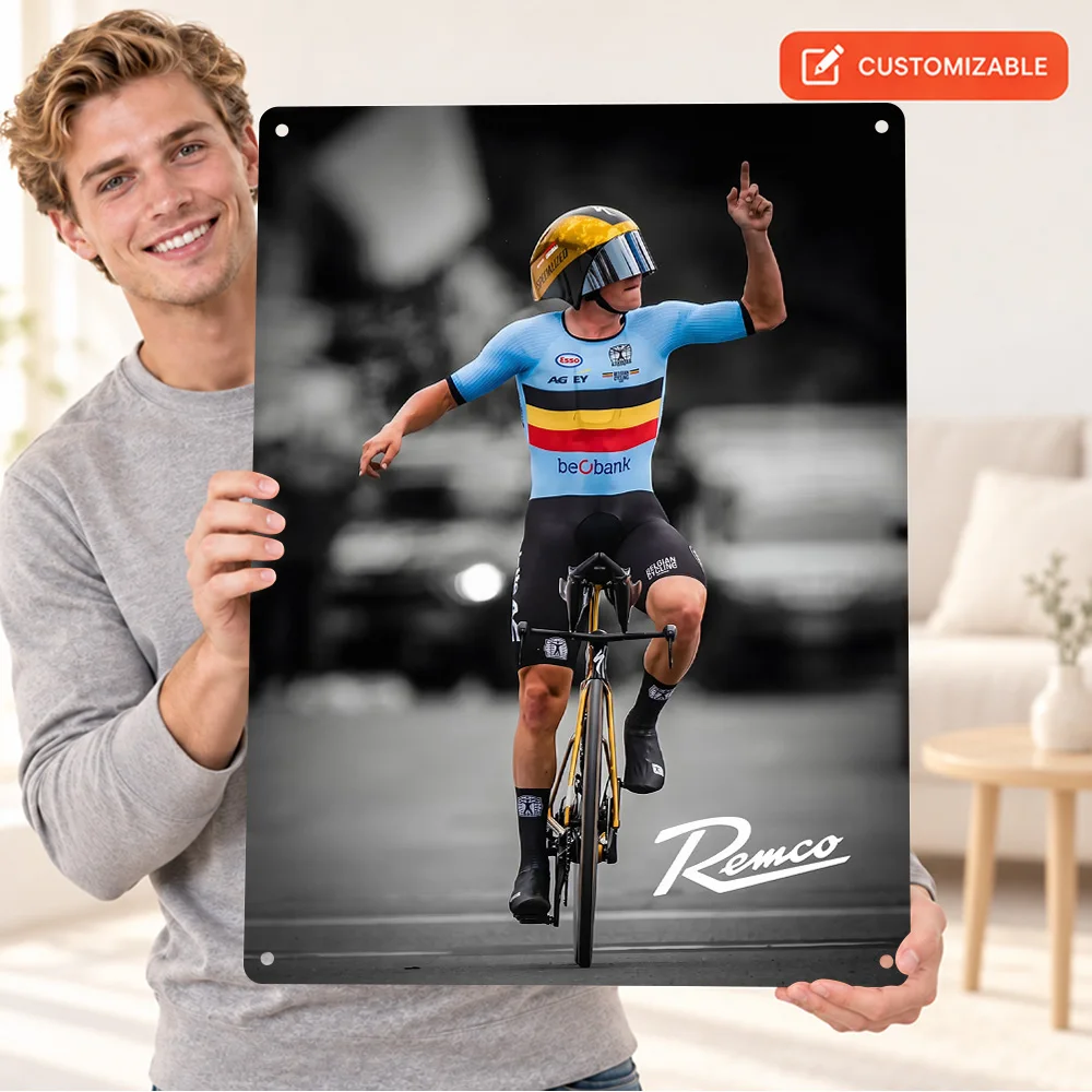 Remco Evenepoel Victory Celebration Cycling Aluminum Poster Customized Metal Sign Selective Color Wall Art For Home Gym Fan Gift