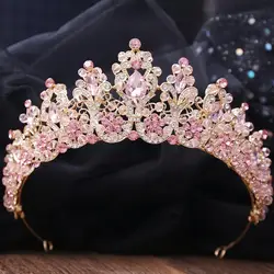 DIEZI Elegant Luxury Bridal Handmade Pink Crystal Beads Tiara For Women Girls Wedding Party Queen Crown Hair Dress Accessories