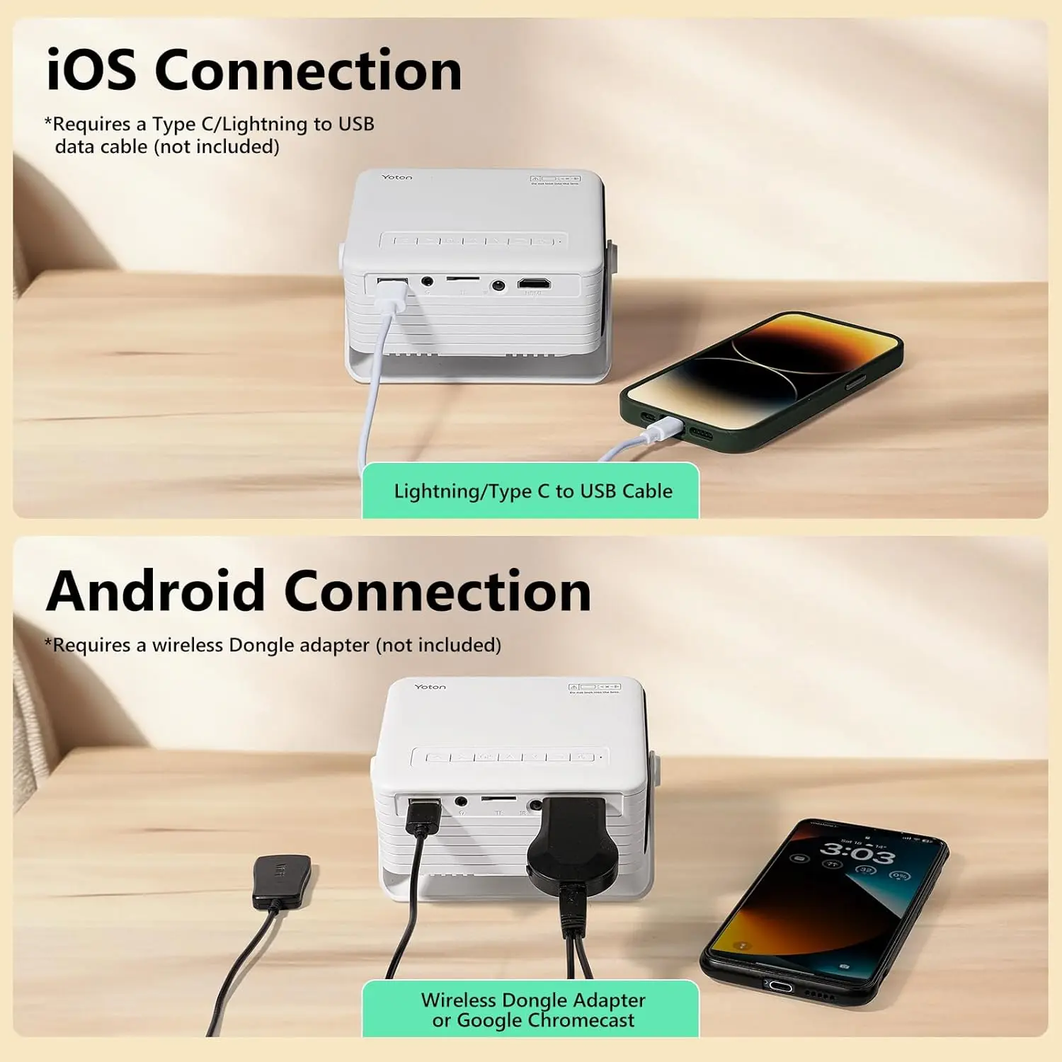 Salange Y3Pro Mini Portable Projector Native HD 720P Support 1080P Mirroring Version For Android/IOS Phone/HD Port/ USB/TV Stick view 2