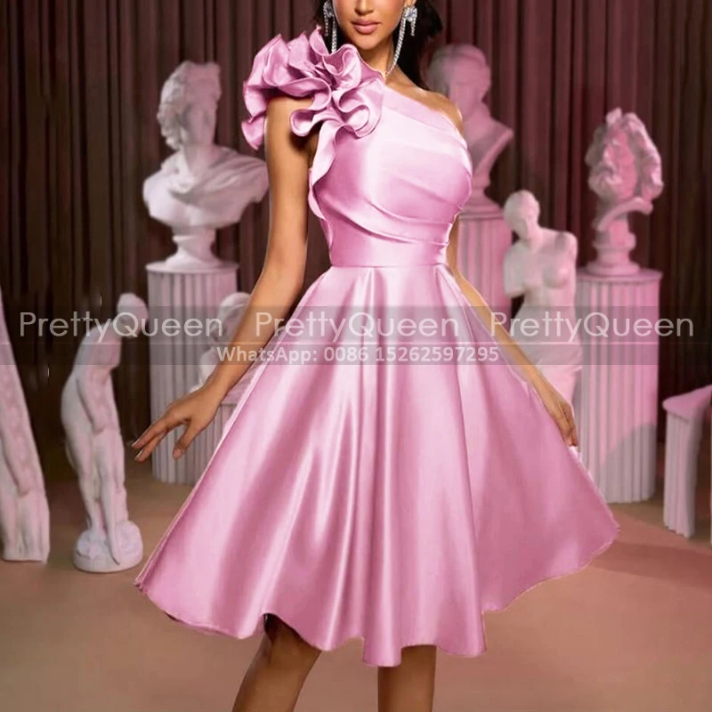 Customized Short Bridesmaid Dresses A Line Ruffles One Shoulder Sleeveless Knee Length Wedding Party Dress